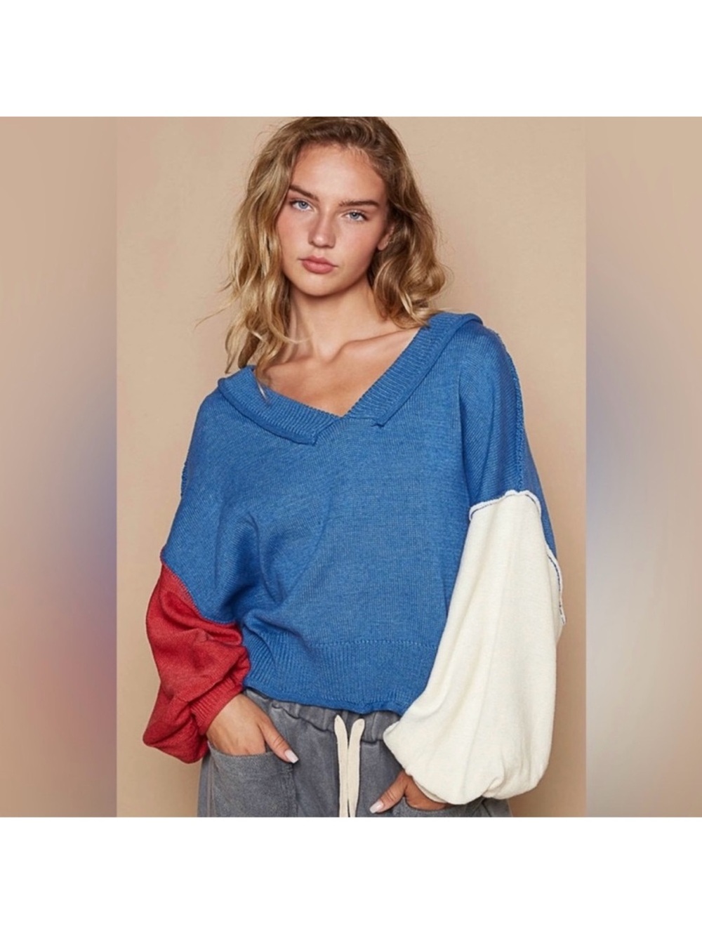 Colorblock V-Neck Balloon Sleeve Sweater from POL - Blue/Red/Cream